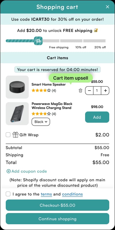 iCart pre-built cart template 1 - clean minimal white design with progress bar and upsell