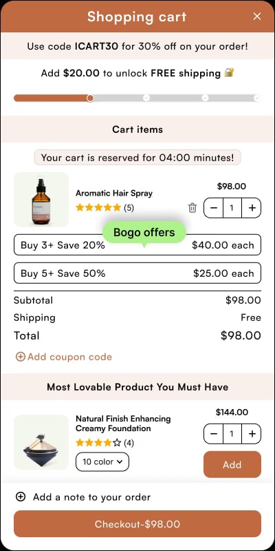 iCart pre-built cart template 2 - bold modern dark design with product upsell